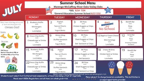 July Summer School menu 2024 