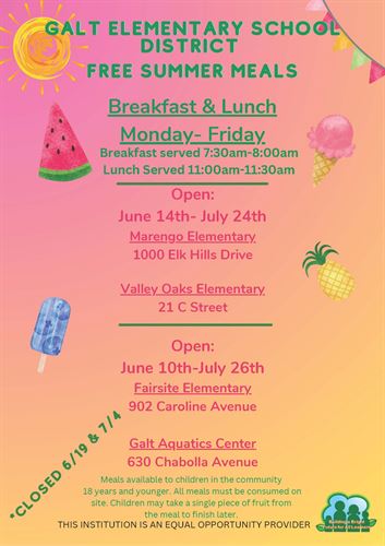 Free Summer Meals at Marengo, Valley Oaks, Fairsite, Galt Aquatic Center dates Flyer - English