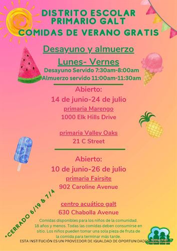 Free Summer Meals at Marengo, Valley Oaks, Fairsite, Galt Aquatic Center dates Flyer - Español