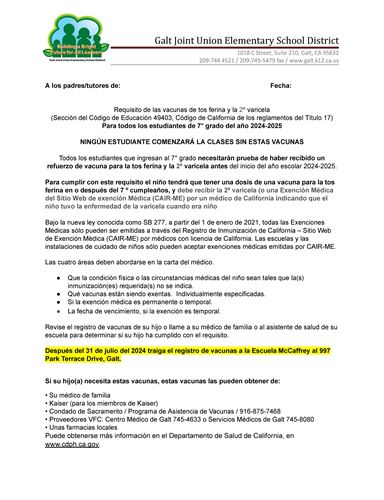 Pertussis Parent Letter 24-25 - Spanish